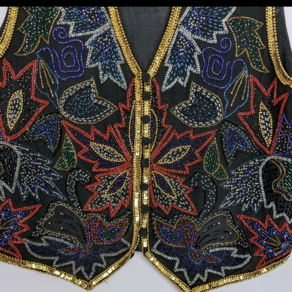 Spenser Jeremy Vintage 90s Floral Leaf Beaded Sequin Embellished Silk Vest sz.M - Picture 4 of 6